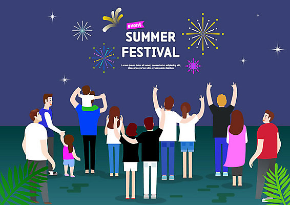 서양인 여자 남자 행복 어린이 일러스트 밤하늘 휴가 불꽃 휴식 불꽃놀이 사람 이벤트 여러명 성인 여름 여름휴가 바캉스 야외활동 축제 올려보기 즐거움 여름밤 휴가철 지역축제 여름축제 대한민국축제 국내일러스트 AI파일 외국인 계절 감정 다수 컨셉 모션 놀이 하늘 불 야간 파일형식 벡터 여름_계절