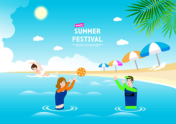 여자 남자 수영복 행복 바다 일러스트 물놀이 휴가 휴식 사람 이벤트 성인 해변 세명 여름 여름휴가 바캉스 야외활동 축제 수영 파라솔 비치발리볼 즐거움 휴가철 여름축제 국내일러스트 AI파일 옷 계절 감정 컨셉 놀이 수상스포츠 비치볼 배구 파일형식 벡터 여름_계절