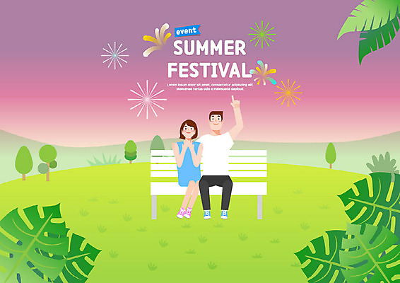 커플 여자 남자 행복 벤치 일러스트 휴가 불꽃 휴식 불꽃놀이 사람 이벤트 초원 성인 여름 여름휴가 바캉스 야외활동 축제 로맨틱 낭만 올려보기 즐거움 휴가철 여름축제 국내일러스트 AI파일 계절 감정 컨셉 의자 관계 모션 놀이 불 파일형식 벡터 여름_계절