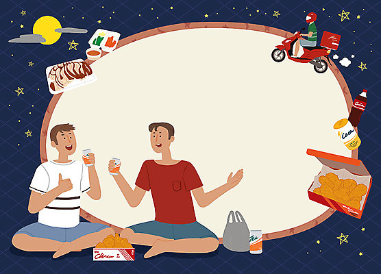 PSD 남자 일러스트 휴식 프레임 맥주 대화 사람 앉기 성인 세명 여름 여름휴가 바캉스 치킨 공백 배달원 더위 승차 시원함 즐거움 콜라 야식 족발 편리함 더위탈출 배달음식 여름밤 프레임일러스트 성인남자만 카피스페이스 열대야 치맥 국내일러스트 직업 계절 감정 음식 컨셉 모션 날씨 휴가 주류 돼지고기 말하기 야간 배달 탄산음료 닭고기요리 남자만 성인만 파일형식 여름_계절