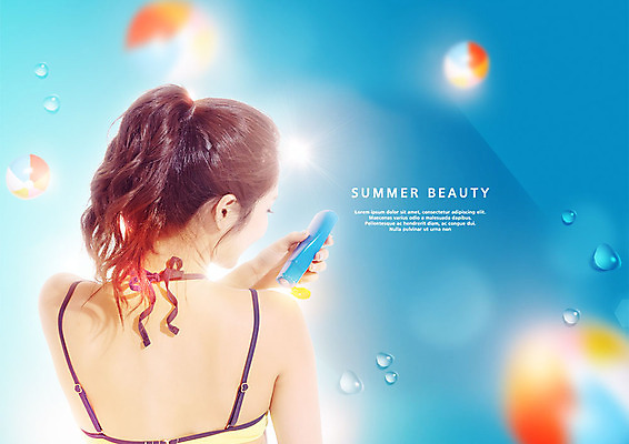 PSD 편집이미지 여자 수영복 한명 미소 사람 상반신 20대 성인 뒷모습 여름 30대 파란색 뷰티 화장품 한국인 물방울 시원함 비치볼 선크림 피부관리 자외선 성인여자한명만 뷰티템 이미지편집 1 옷 계절 뷰포인트 컬러 공 바캉스용품 표정 동양인 청년 장년 합성어 여자한명만 성인여자만 파일형식