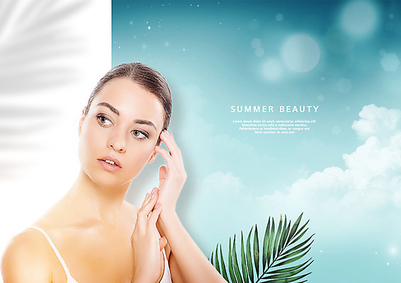 PSD 서양인 외국인 구름 편집이미지 여자 한명 미소 사람 상반신 20대 성인 여름 뷰티 시원함 피부관리 청록색 야자수잎 성인여자한명만 뷰티템 이미지편집 자연요소 1 계절 컬러 잎 표정 인종 청년 합성어 여자한명만 성인여자만 파일형식