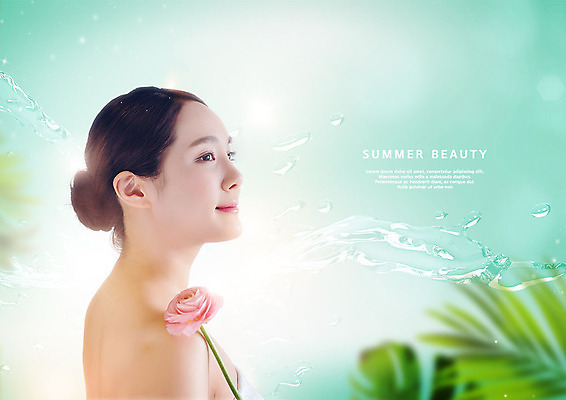 PSD 편집이미지 여자 한명 사람 상반신 20대 성인 옆모습 초록색 여름 뷰티 장미 한국인 물방울 피부관리 야자수잎 의료성형뷰티 성인여자한명만 뷰티템 이미지편집 1 계절 꽃 뷰포인트 컬러 잎 동양인 청년 합성어 여자한명만 성인여자만 파일형식