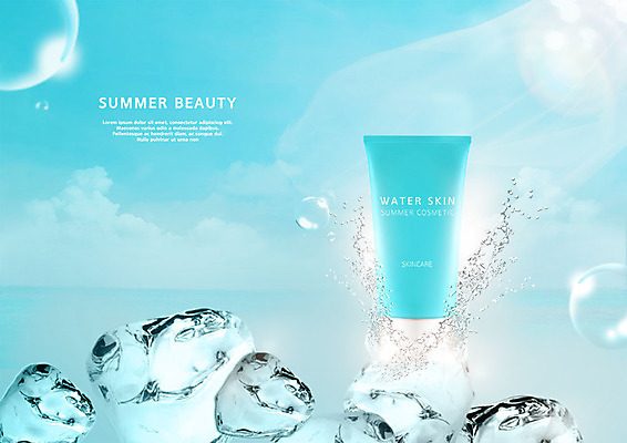 PSD 편집이미지 바다 사람없음 물 여름 햇빛 뷰티 얼음 화장품 물방울 미용용품 수분 시원함 피부관리 스킨케어 민트색 수분크림 카피스페이스 이미지편집 자연요소 계절 컬러 태양 공백 오브젝트 파일형식