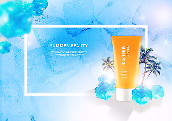 PSD 편집이미지 사람없음 여름 파란색 야자수 뷰티 얼음 화장품 미용용품 시원함 선크림 피부관리 야자수잎 자외선 카피스페이스 이미지편집 자연요소 나무 계절 컬러 잎 공백 오브젝트 파일형식