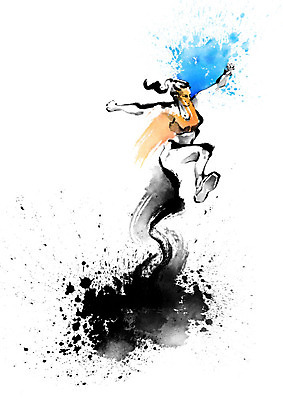 PSD 여자 일러스트 캘리그라피 응원 붓터치 흑백 한명 사람 성인 파란색 노란색 점프 파이팅 힘 기쁨 깃발 번짐 열정 격려 선수단입장 힘찬 성인여자한명만 국내일러스트 1 감정 컬러 컨셉 모션 촬영기법 입장 여자한명만 성인여자만 파일형식 효과