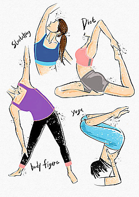 PSD 웰빙 여자 포즈 다이어트 일러스트 요가 건강 사람 여러명 운동복 운동 건강관리 헬스 스트레칭 웰빙라이프 자세교정 필라테스 국내일러스트 라이프스타일 옷 다수 관리 연습 파일형식