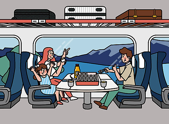 부부 여자 남자 어린이 여행 일러스트 가족 휴가 휴식 가족여행 산 사람 풍경 소녀 성인 세명 여행객 캐리어 기쁨 기차 즐거움 김밥 도시락 설레임 기차여행 도시락통 국내일러스트 커플 감정 음식 육상교통 컨셉 관계 대중교통 여행가방 용기_그릇