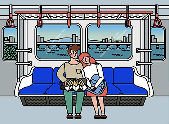 커플 행복 여행 지도 가방 일러스트 휴가 휴식 사랑 사람 풍경 성인 두명 여행객 기댐 기쁨 전철 즐거움 애정표현 한강 설레임 한강다리 국내일러스트 AI파일 잡화 감정 육상교통 컨셉 관계 모션 대중교통 서울 다리_건축물 표현 랜드마크 파일형식 벡터