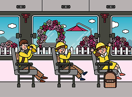 여자 남자 꽃 어린이 여행 일러스트 휴가 휴식 버스 대중교통 사람 앉기 소녀 소년 성인 세명 친구 장미 소풍 여행객 우정 유치원 기쁨 즐거움 유치원복 설레임 국내일러스트 AI파일 식물 옷 교육 감정 육상교통 교통수단 컨셉 관계 모션 야외활동 파일형식 벡터