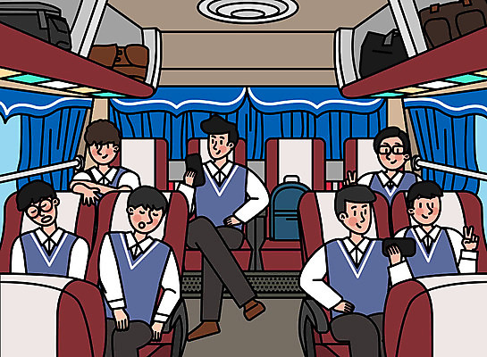 학생 남자 교복 여행 일러스트 휴가 휴식 버스 대중교통 사람 여러명 성인 친구 여행객 우정 기쁨 커튼 즐거움 설레임 버스여행 수학여행 남고생 국내일러스트 AI파일 옷 감정 육상교통 교통수단 다수 컨셉 관계 고등학생 파일형식 벡터