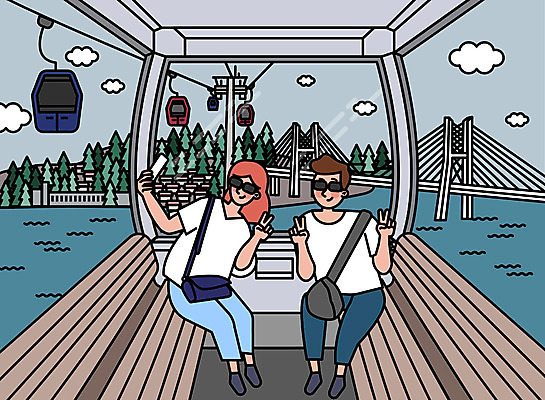 커플 여자 남자 바다 여행 가방 일러스트 휴가 휴식 사람 성인 두명 선글라스 여행객 사진촬영 기쁨 셀프카메라 즐거움 케이블카 설레임 기념사진 국내일러스트 AI파일 잡화 감정 안경 컨셉 관계 촬영 파일형식 벡터