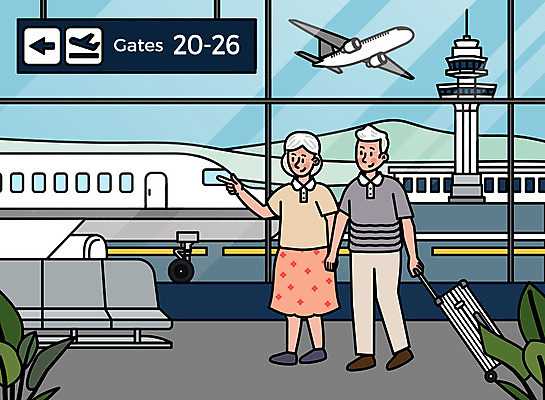 부부 커플 여자 노년 남자 해외여행 여행 일러스트 휴가 휴식 비행기 사람 성인 두명 실버라이프 여행객 캐리어 노부부 기쁨 공항 즐거움 설레임 국내일러스트 AI파일 해외 라이프스타일 감정 컨셉 관계 항공교통 교통시설 대중교통 여행가방 파일형식 벡터