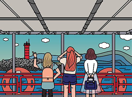 바다 여행 일러스트 휴가 휴식 등대 사람 성인 해변 세명 친구 여행객 우정 기쁨 보트 유람선 즐거움 설레임 선박 성인여자만 국내일러스트 AI파일 감정 컨셉 수상교통 배_교통 관계 여자만 성인만 파일형식 벡터