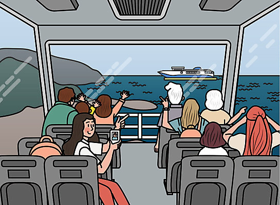 바다 여행 일러스트 휴가 휴식 사람 여러명 성인 친구 여행객 사진촬영 우정 기쁨 보트 유람선 즐거움 설레임 단체관광 선박 국내일러스트 AI파일 감정 다수 컨셉 수상교통 배_교통 관계 촬영 파일형식 벡터