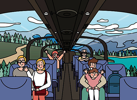 여자 남자 어린이 여행 일러스트 휴가 휴식 산 사람 풍경 여러명 성인 친구 여행객 우정 기쁨 기차 즐거움 설레임 기차여행 국내일러스트 AI파일 감정 육상교통 다수 컨셉 관계 대중교통 파일형식 벡터