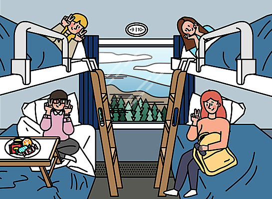 여자 여행 포즈 일러스트 휴가 휴식 디저트 사람 풍경 여러명 성인 친구 여행객 사진촬영 우정 기쁨 기차 침대 즐거움 설레임 기차여행 이층침대 성인여자만 국내일러스트 AI파일 감정 음식 육상교통 가구 다수 컨셉 관계 대중교통 촬영 여자만 성인만 파일형식 벡터