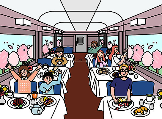 어린이 여행 일러스트 가족 휴가 휴식 사람 여러명 성인 여행객 식사 봄 기쁨 기차 벚꽃 즐거움 설레임 벚꽃축제 국내일러스트 AI파일 계절 꽃 감정 육상교통 다수 컨셉 관계 대중교통 축제 꽃축제 파일형식 벡터