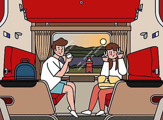 커플 여자 남자 여행 일러스트 휴가 휴식 사람 청년 성인 두명 여행객 일몰 기쁨 기차 즐거움 설레임 기차여행 국내일러스트 AI파일 감정 육상교통 컨셉 관계 대중교통 노을 파일형식 벡터