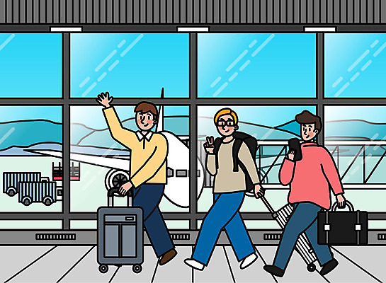 남자 해외여행 여행 일러스트 휴가 휴식 비행기 사람 성인 세명 친구 여행객 캐리어 우정 기쁨 공항 즐거움 브이 설레임 국내일러스트 AI파일 해외 감정 컨셉 관계 항공교통 교통시설 대중교통 손짓 여행가방 파일형식 벡터