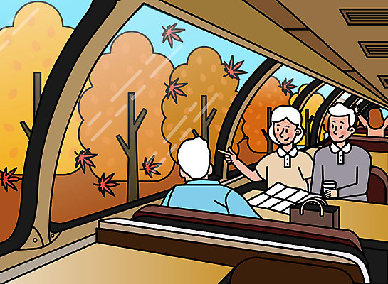 노년 여행 단풍 낙엽 일러스트 휴가 휴식 사람 풍경 성인 세명 실버라이프 여행객 노부부 기쁨 기차 가을 실버 즐거움 설레임 가을여행 노인만 국내일러스트 AI파일 라이프스타일 부부 계절 감정 육상교통 컨셉 잎 대중교통 성인만 파일형식 벡터 가을_계절