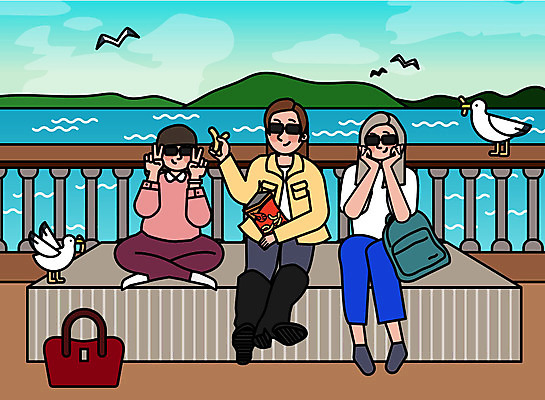 여자 바다 여행 일러스트 갈매기 휴가 휴식 산 사람 성인 해변 세명 친구 선글라스 여행객 사진촬영 우정 기쁨 즐거움 브이 설레임 국내일러스트 AI파일 감정 안경 컨셉 관계 조류 손짓 촬영 파일형식 벡터