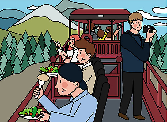 여자 남자 여행 일러스트 휴가 휴식 사람 풍경 여러명 성인 여행객 사진촬영 식사 기쁨 샐러드 기차 숲 즐거움 설레임 국내일러스트 AI파일 감정 음식 육상교통 다수 컨셉 대중교통 촬영 파일형식 벡터