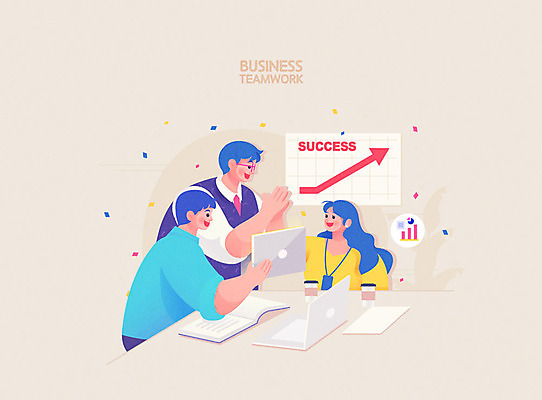 여자 남자 일러스트 회사 비즈니스 성공 회의 그래프 협력 직장 미소 사람 성인 세명 노트북 태블릿 사무실 직장인 비즈니스맨 비즈니스우먼 동료 하이파이브 성인만 국내일러스트 AI파일 직업 컨셉 관계 표정 손짓 전자제품 스마트기기 파일형식 벡터