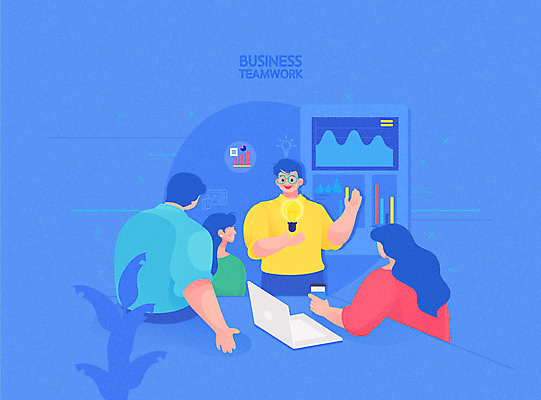 여자 남자 일러스트 회사 비즈니스 회의 그래프 협력 휴식 아이디어 직장 사람 여러명 성인 파란색 노트북 직장인 비즈니스맨 비즈니스우먼 발표 동료 회의실 성인만 국내일러스트 AI파일 직업 컬러 다수 컨셉 관계 전자제품 파일형식 벡터