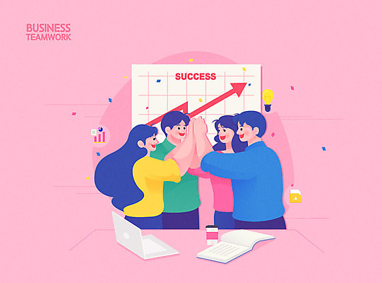 여자 남자 커피 분홍색 일러스트 회사 비즈니스 전구 성공 회의 그래프 협력 아이디어 직장 사람 여러명 성인 노트북 직장인 비즈니스맨 비즈니스우먼 동료 하이파이브 성인만 국내일러스트 AI파일 직업 음료 컬러 다수 컨셉 관계 손짓 전자제품 파일형식 벡터