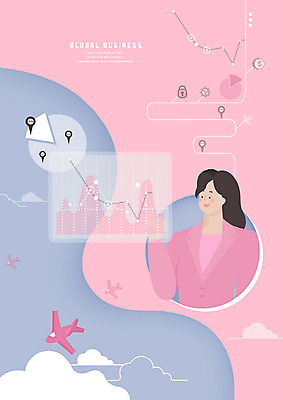 PSD 여자 분홍색 돈 일러스트 비즈니스 그래프 비행기 한명 사람 상반신 금융 경제 달러 글로벌비즈니스 직장인 스마트 은행 상승 환율 알고리즘 국내일러스트 직업 1 컬러 컨셉 항공교통 대중교통 글로벌 재산 파일형식