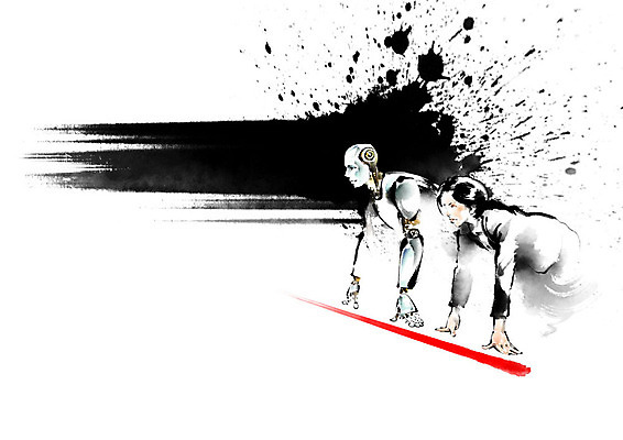 PSD 여자 육상교통 일러스트 캘리그라피 붓터치 흑백 한명 사람 성인 기계 경쟁 라이벌 로봇 준비 출발 번짐 준비자세 맞대결 출발선 4차산업 AI_인공지능 국내일러스트 1 산업 교통수단 포즈 컨셉 촬영기법 파일형식 효과