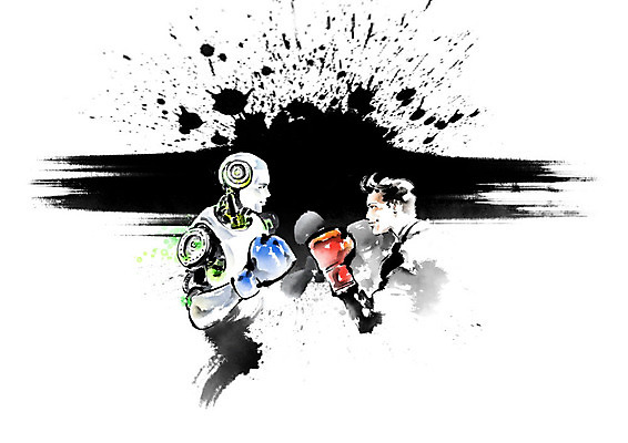 PSD 남자 일러스트 캘리그라피 붓터치 흑백 한명 사람 상반신 성인 힘 기계 경쟁 권투 권투글러브 권투선수 라이벌 로봇 번짐 맞대결 4차산업 AI_인공지능 국내일러스트 1 산업 컨셉 운동선수 촬영기법 격투기 글러브 파일형식 효과