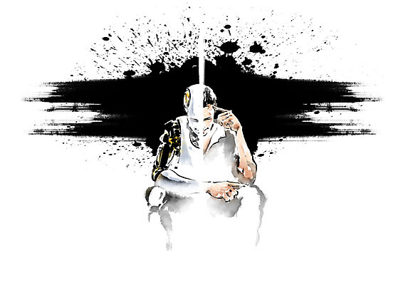 PSD 남자 생각 일러스트 캘리그라피 붓터치 흑백 한명 사람 앉기 성인 기계 경쟁 라이벌 로봇 번짐 맞대결 4차산업 AI_인공지능 국내일러스트 1 산업 컨셉 모션 촬영기법 파일형식 효과