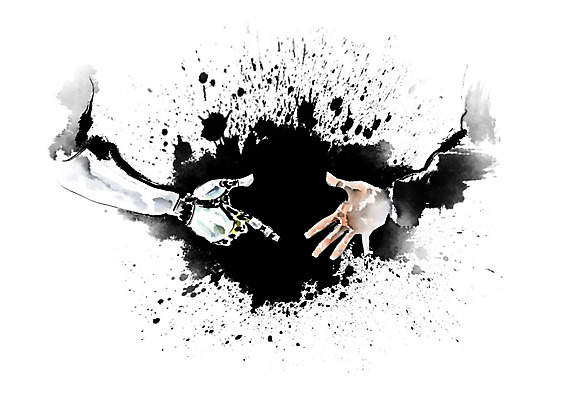 PSD 손 일러스트 캘리그라피 붓터치 한손 흑백 손바닥 한명 사람 신체부위 기계 경쟁 라이벌 가위바위보 로봇 번짐 로봇팔 맞대결 4차산업 AI_인공지능 국내일러스트 가위손 보자기손 1 산업 컨셉 놀이 촬영기법 손짓 파일형식 효과