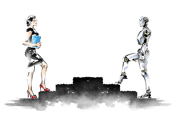 전신 PSD 여자 일러스트 캘리그라피 붓터치 흑백 한명 사람 성인 마주보기 계단 기계 경쟁 비즈니스우먼 라이벌 로봇 문서 오르기 번짐 맞대결 4차산업 AI_인공지능 국내일러스트 1 산업 컨셉 비즈니스 모션 촬영기법 직장인 파일형식 효과