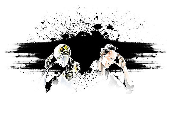 PSD 남자 생각 일러스트 캘리그라피 붓터치 흑백 한명 사람 상반신 성인 기계 경쟁 라이벌 로봇 고민 번짐 맞대결 4차산업 AI_인공지능 국내일러스트 1 감정 산업 컨셉 촬영기법 파일형식 효과