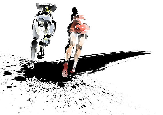 PSD 여자 운동화 신발 일러스트 캘리그라피 붓터치 흑백 한명 사람 성인 달리기 기계 경쟁 라이벌 육상스포츠 로봇 번짐 육상선수 맞대결 4차산업 AI_인공지능 국내일러스트 1 산업 스포츠 컨셉 모션 운동선수 촬영기법 파일형식 효과