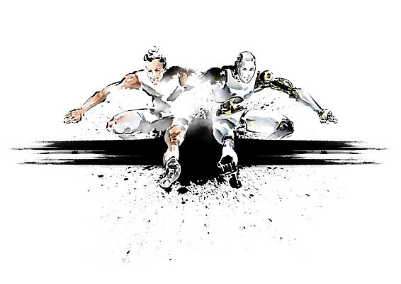 PSD 남자 일러스트 캘리그라피 붓터치 흑백 한명 사람 성인 달리기 점프 기계 경쟁 장애물 라이벌 육상스포츠 로봇 번짐 육상선수 맞대결 장애물달리기 4차산업 AI_인공지능 국내일러스트 1 산업 스포츠 컨셉 모션 운동선수 촬영기법 경기 파일형식 효과