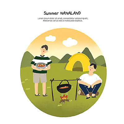 PSD 남자 여행 일러스트 방학 휴식 여름방학 텐트 요리 사람 성인 취미 두명 여름 친구 여름휴가 바캉스 청춘 야외활동 저녁식사 일몰 캠핑 저녁 모닥불 즐거움 힐링 성인남자만 나나랜드 국내일러스트 계절 감정 컨셉 관계 불 레저 휴가 캠핑도구 노을 식사 야간 신조어 남자만 성인만 파일형식 여름_계절