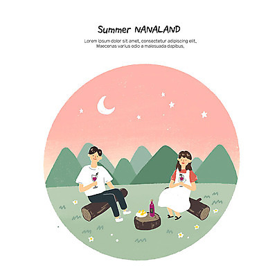 PSD 커플 여자 남자 분홍색 여행 일러스트 방학 휴식 여름방학 사람 앉기 성인 취미 두명 여름 여름휴가 바캉스 야외활동 와인 달 즐거움 힐링 통나무 성인만 나나랜드 국내일러스트 자연요소 나무 계절 감정 컬러 컨셉 관계 모션 휴가 주류 신조어 파일형식 여름_계절