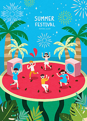 여자 남자 하늘색 일러스트 나뭇잎 여름음식 수박 불꽃놀이 사람 여러명 해변 여름 컬러풀 야자수 축제 스피커 시원함 즐거움 여름축제 제철과일 수박축제 국내일러스트 AI파일 나무 계절 감정 음식 바다 컬러 음향기기 다수 잎 과일 놀이 파란색 제철 파일형식 벡터 여름_계절