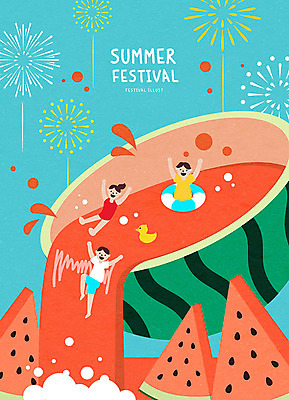 여자 남자 일러스트 여름음식 수박 폭죽 불꽃놀이 사람 여러명 여름 컬러풀 축제 시원함 즐거움 튜브 민트색 오리장난감 화채 여름축제 제철과일 수박축제 국내일러스트 AI파일 계절 감정 음식 컬러 다수 과일 놀이 장난감 여름간식 제철 파일형식 벡터 여름_계절