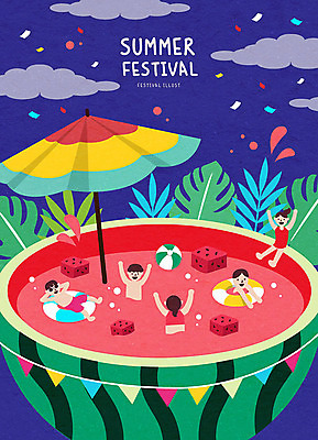 여자 남자 일러스트 여름음식 수박 사람 여러명 여름 컬러풀 보라색 축제 파라솔 시원함 비치볼 즐거움 튜브 야자수잎 가랜드 수박화채 여름밤 화채 여름축제 제철과일 수박축제 국내일러스트 AI파일 계절 감정 음식 컬러 다수 잎 과일 공 바캉스용품 야간 파티용품 여름간식 제철 파일형식 벡터 여름_계절