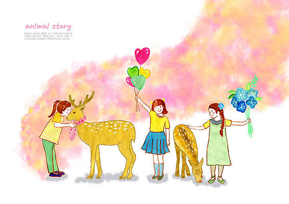 PSD 동물 여자 행복 어린이 일러스트 동화 사슴 동물원 사랑 사람 소녀 세명 친구 컬러풀 즐거움 풍선 소녀만 국내일러스트 감정 컬러 포유류 관계 여자만 어린이만 파일형식