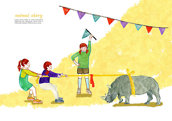 PSD 동물 여자 남자 행복 어린이 일러스트 동화 동물원 사랑 소녀 소년 세명 친구 컬러풀 즐거움 줄다리기 코뿔소 운동회날 어린이만 국내일러스트 감정 컬러 포유류 관계 놀이 사람 파일형식