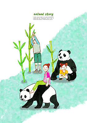 PSD 동물 행복 어린이 일러스트 동화 동물원 사랑 사람 소녀 소년 세명 친구 컬러풀 판다 대나무 즐거움 어린이만 국내일러스트 나무 여자 남자 감정 컬러 곰 관계 파일형식