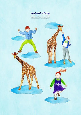 PSD 동물 구름 행복 어린이 일러스트 하늘 동화 동물원 사랑 사람 소녀 소년 세명 친구 컬러풀 기린 즐거움 어린이만 국내일러스트 자연요소 여자 남자 감정 컬러 포유류 관계 파일형식