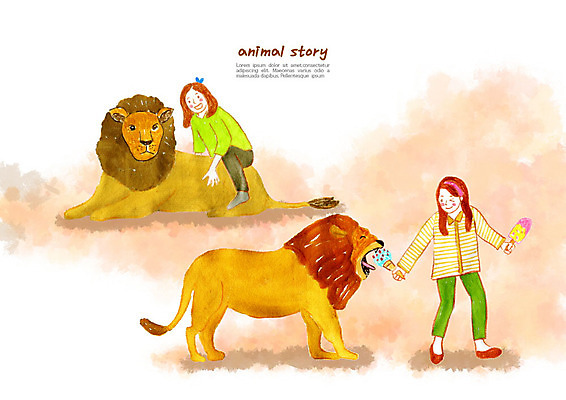PSD 동물 행복 어린이 일러스트 동화 아이스크림 동물원 사랑 사람 소녀 두명 친구 컬러풀 사자 즐거움 소녀만 국내일러스트 여자 감정 컬러 포유류 관계 디저트 여자만 어린이만 파일형식