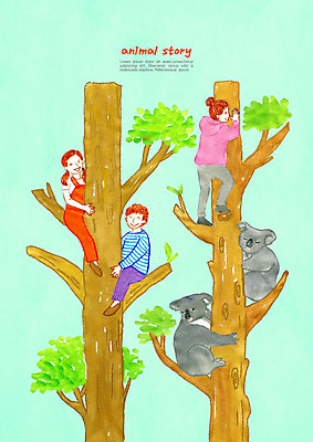 PSD 나무 동물 행복 어린이 일러스트 동화 동물원 사랑 사람 소녀 소년 세명 친구 컬러풀 즐거움 코알라 나무타기 어린이만 국내일러스트 식물 여자 남자 감정 컬러 포유류 관계 모션 파일형식